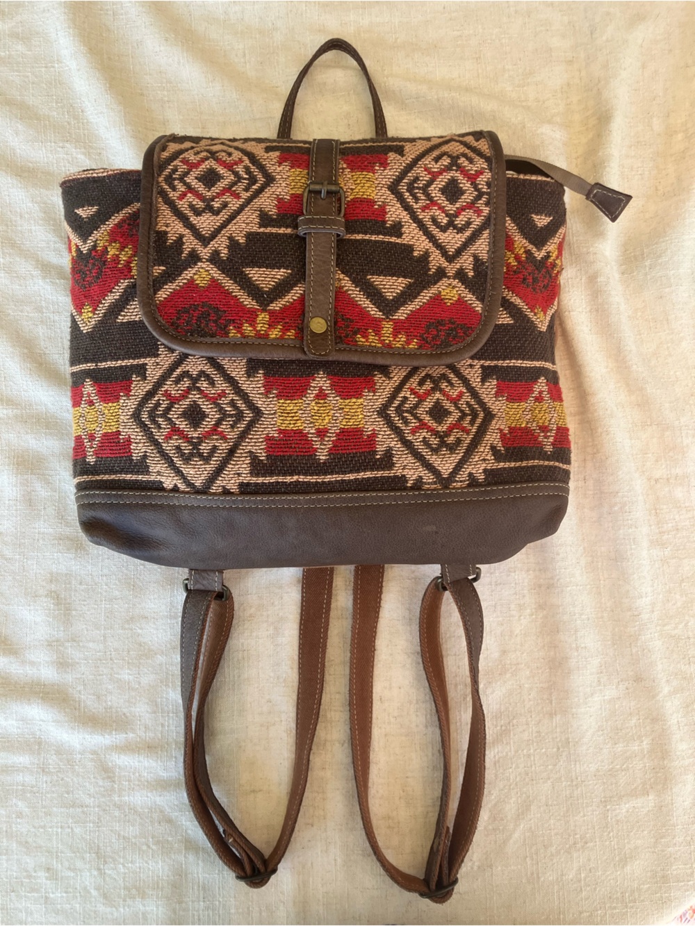 Myra Bag Canvas And Leather Backpack Southwestern Theme, Boho Stylish Zip Shut